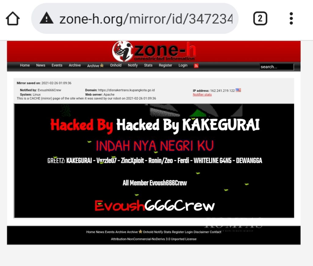 Salah satu peretasan di situs pemerintah daerah yang dilakukan akun peretas Kakegurai seperti tersimpan di arsip mirroring zone-h.org, Kamis (28/10/2021).