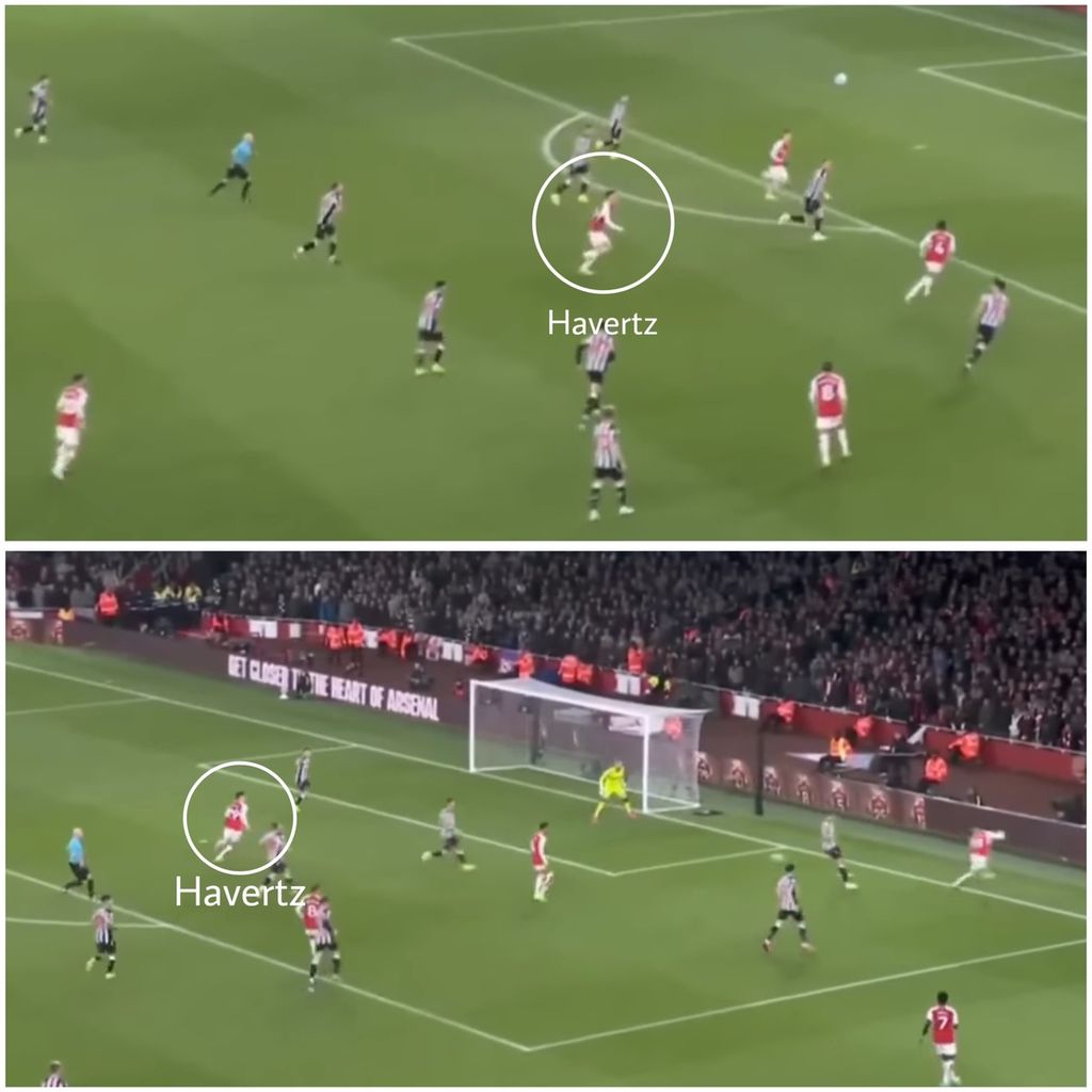 Pergerakan penyerang Arsenal, Kai Havertz, dari lini kedua saat mencetak gol ke gawang Newcastle United, pada Sabtu (24/2/2024).