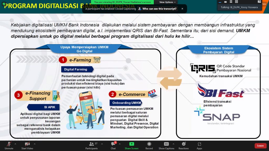 Tangkapan layar Program Digitalisasi UMKM yang dilakukan Bank Indonesia, sebagaimana disampaikan dalam webinar "One Stop Solution for UMKM" di Jakarta, Senin (28/11/2022). 