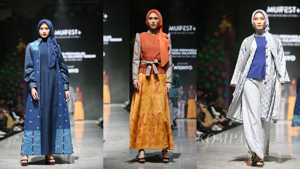Karya desainer Wignyo dengan menggunakan kain tenun dari Sulawesi Tengah yang ditampilkan di Muffest 2023. 