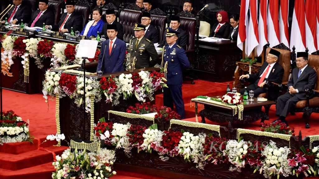 Pidato Presiden Joko Widodo dalam Sidang Paripurna MPR di Kompleks Parlemen, Jakarta, Minggu (20/10/2019).