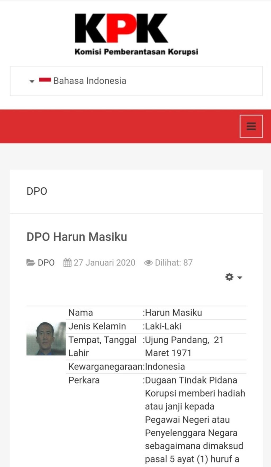 Foto dan status mantan caleg PDI-P, Harun Masiku, yang telah ditetapkan dalam daftar pencarian orang (DPO) oleh KPK.