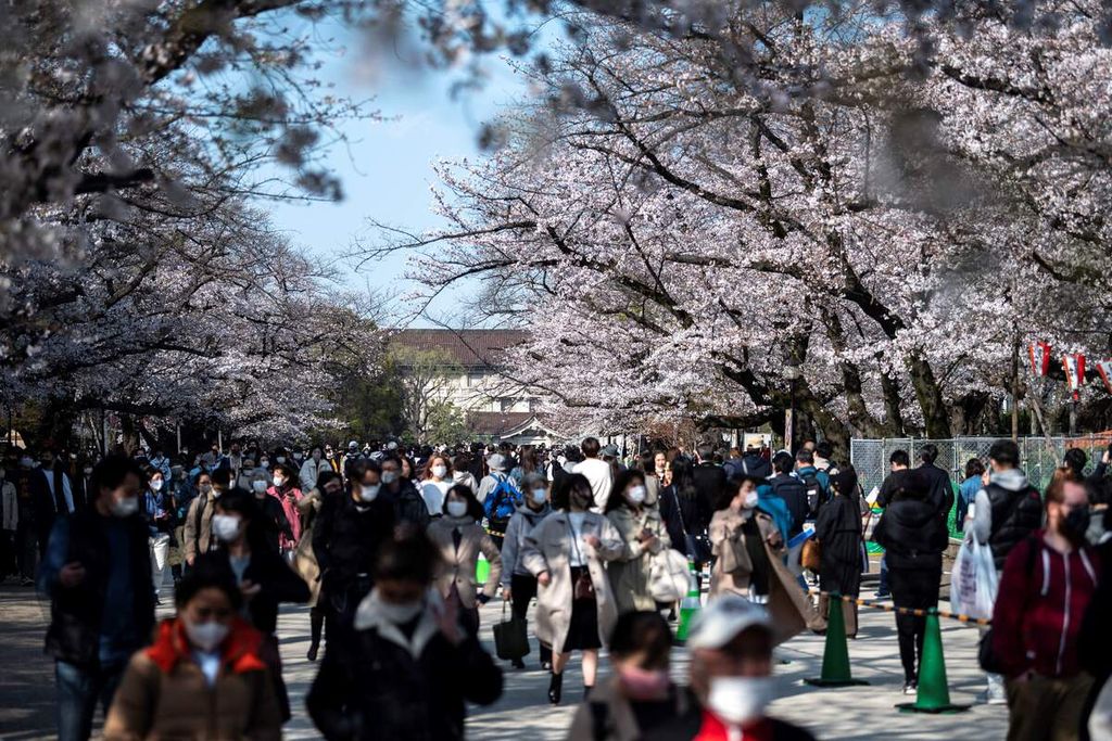 Warga berjalan-jalan di bawah pohon sakura di sebuah taman di Tokyo, Jepang, Selasa (23/3/2021). 