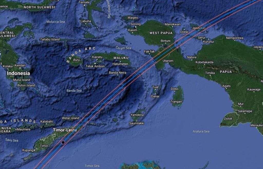 Lintasan gerhana Matahari total 20 April 2023 yang melintasi wilayah timur Indonesia di Maluku, Papua Barat, dan Papua. Gerhana ini merupakan bagian dari gerhana Matahari hibrida yang jalurnya terentang dari selatan Samudra Hindia hingga ke barat Samudra Pasifik.