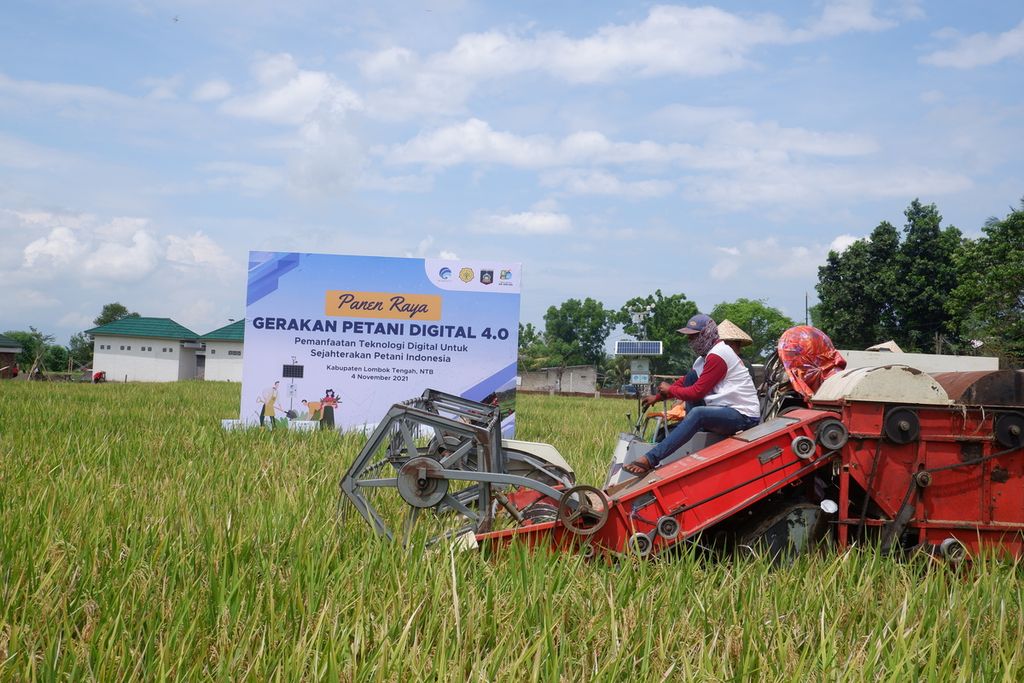 Petugas menjalankan mesin panen padi saat acara Panen Raya Gerakan Petani Digital 4.0 di Desa Bilebante, Kecamatan Pringgarata, Lombok Tengah, Nusa Tenggara Barat, Kamis (4/11/2021). Gerakan Petani Digital 4.0 merupakan salah satu program transformasi digital di sektor pertanian.