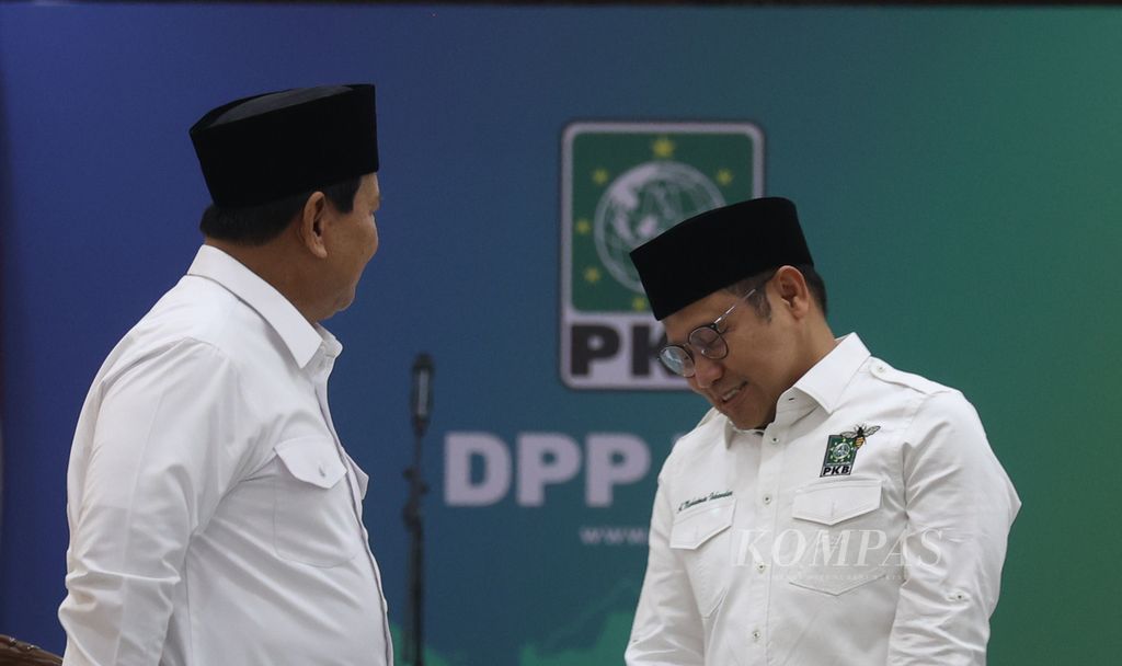 Calon presiden terpilih 2024-2029, Prabowo Subianto, menemui Ketua Umum Partai Kebangkitan Bangsa (PKB) yang juga mantan cawapres nomor urut 1, Muhaimin Iskandar, di kantor DPP PKB, Jakarta, Rabu (24/4/2024). 