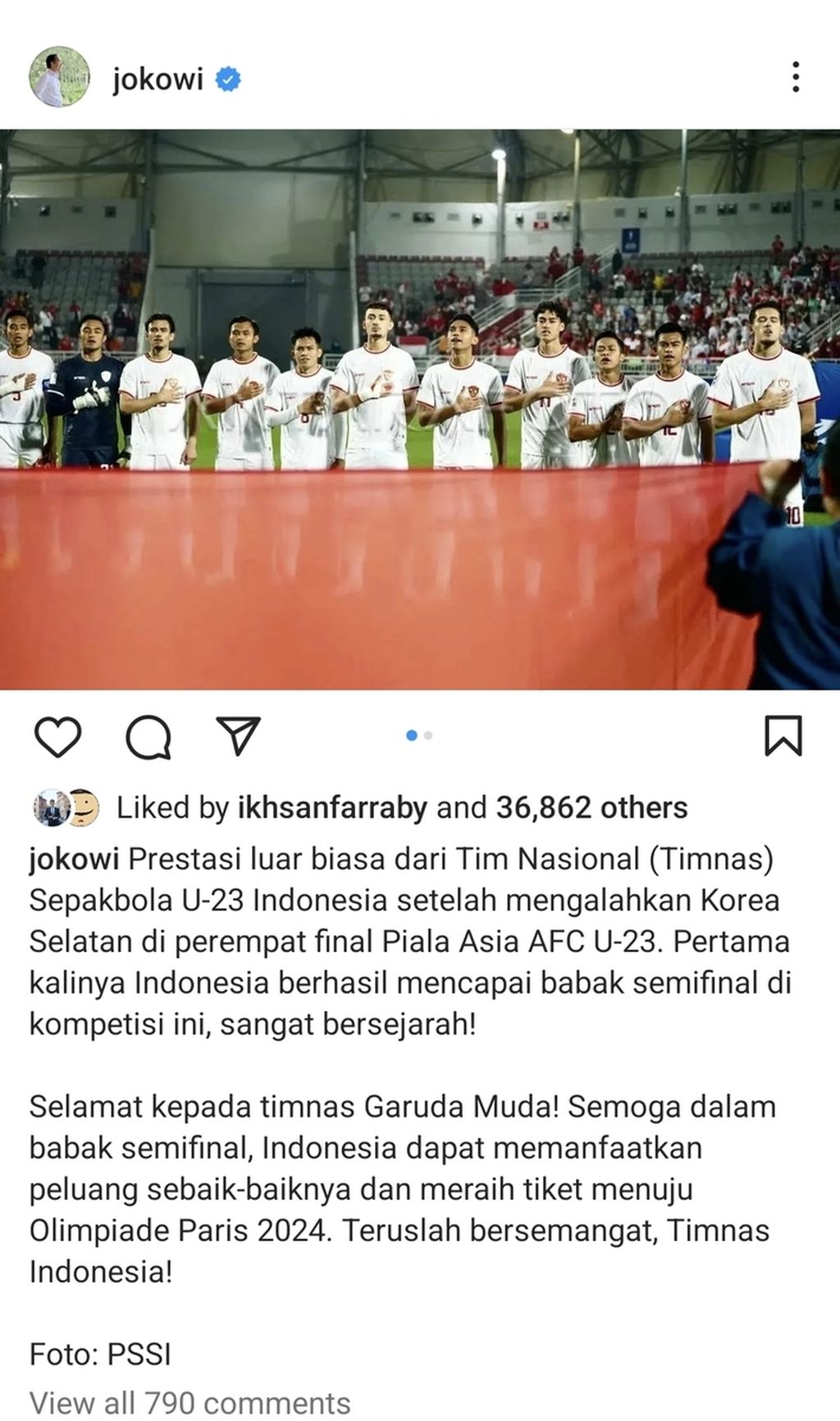 Presiden Joko Widodo mengapresiasi kemenangan tim U-23 Indonesia pada babak perempat final Piala Asia U-23, Jumat (26/4/2024). Unggahan ini mendapatkan lebih dari 36.000 tanda suka dan lebih dari 2.200 komentar dalam 20 menit.