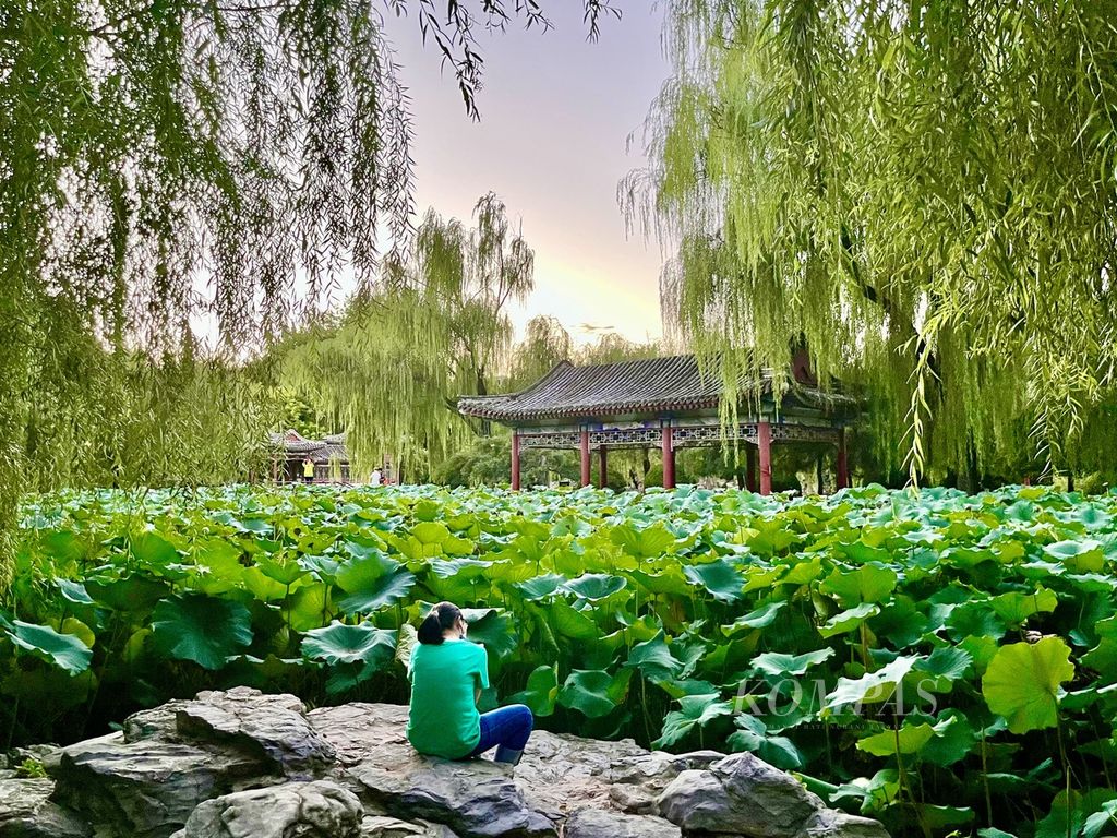 Suasana sore di Taman Ritan, Beijing, China, Selasa (16/8/2022). Taman kota menjadi tempat warga Beijing beraktivitas aneka rupa, mulai dari duduk-duduk menikmati pemandangan hingga jalan kaki dan lari.