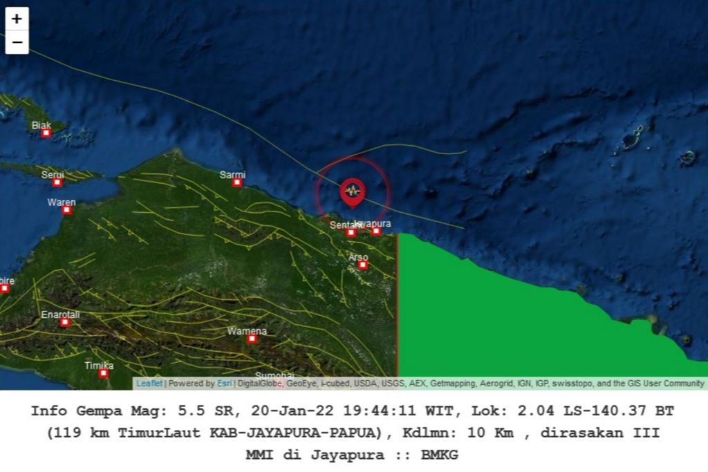 Infografis gempa berkekuatan magnitudo 5,5 di Kota Jayapura, Papua, pada Kamis (20/1/2022).