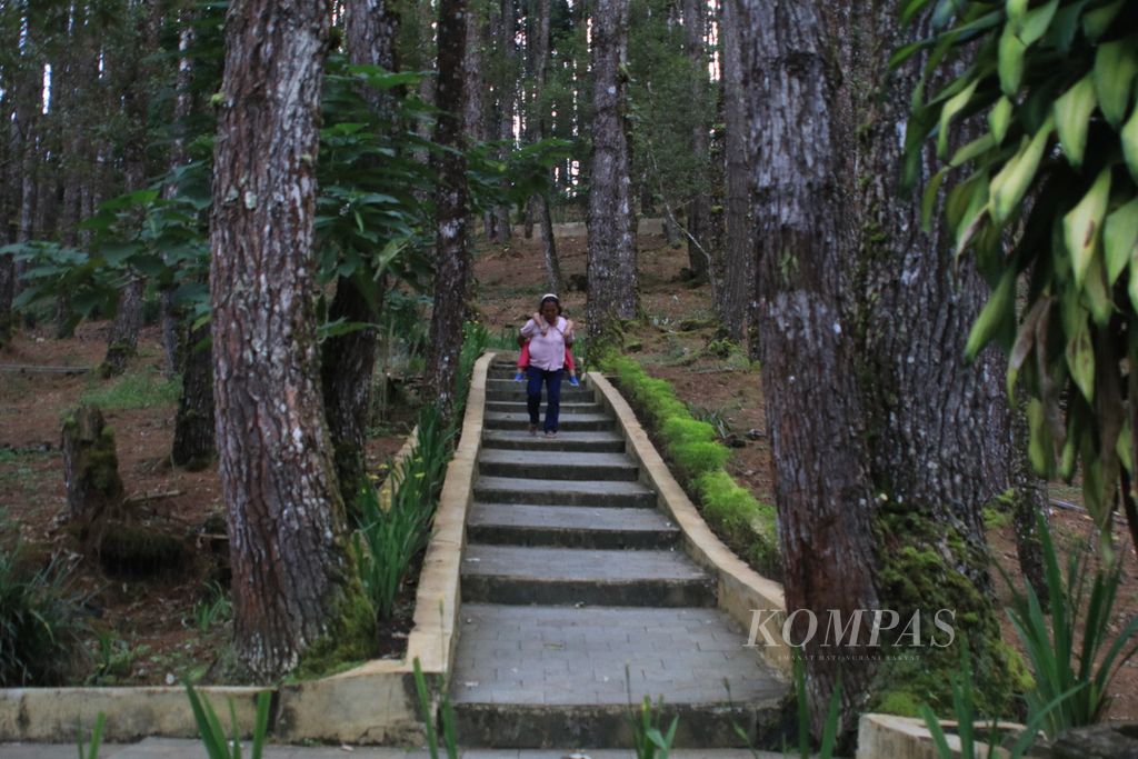 Wisatawan berjalanan menuruni tangga di Tawan Wisata Salib Kasih di Bukit Siatas Barita, Kabupaten Tapanuli Utara, Sumatera Utara, Rabu (20/12/2023). 