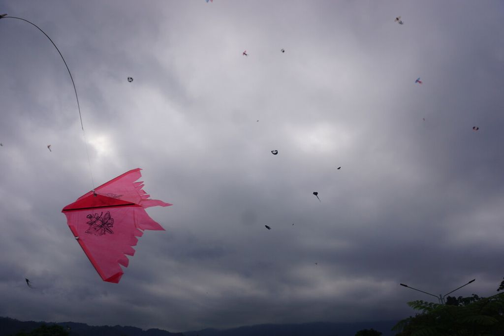 Sejumlah layang-layang mengudara di atas lapangan Desa Karangmangu, Kecamatan Baturraden, Kabupaten Banyumas, Jawa Tengah, Minggu (3/9/2023).