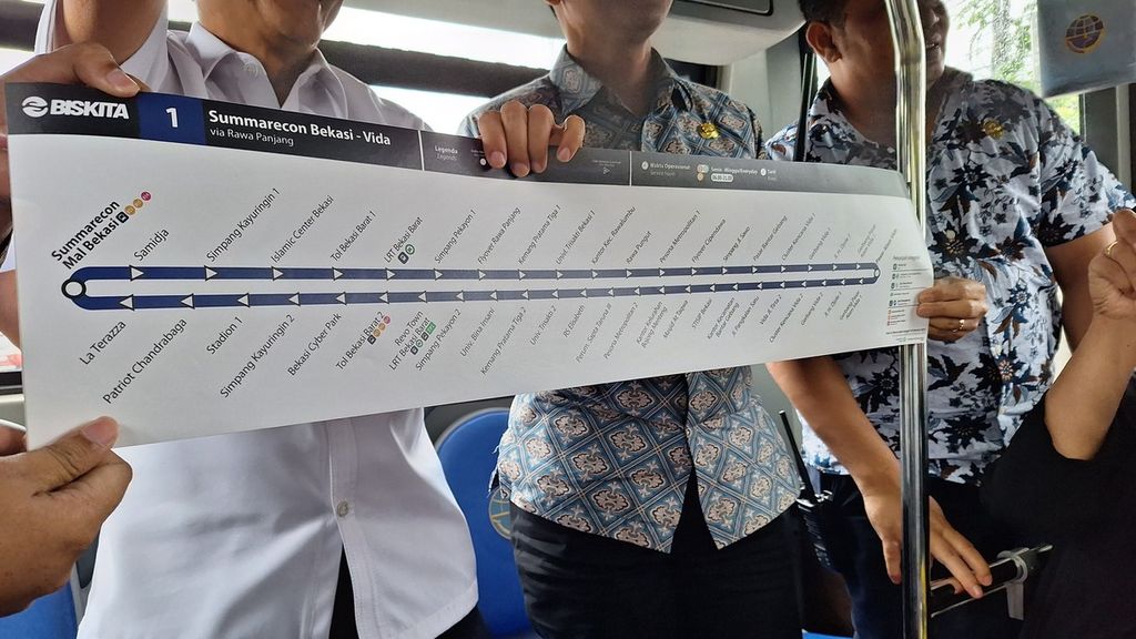 Peta rute Biskita Trans Bekasi Patriot yang dibuat Transport for Bekasi untuk operasionalisasi layanan <i>buy the service</i> di Kota Bekasi, Jawa Barat, Kamis (29/2/2024).
