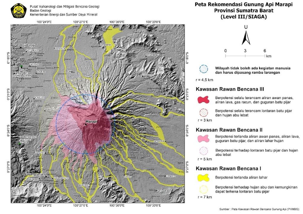 Peta kawasan rawan bencana Gunung Marapi, Sumatera Barat, yang disusun oleh PVMBG.