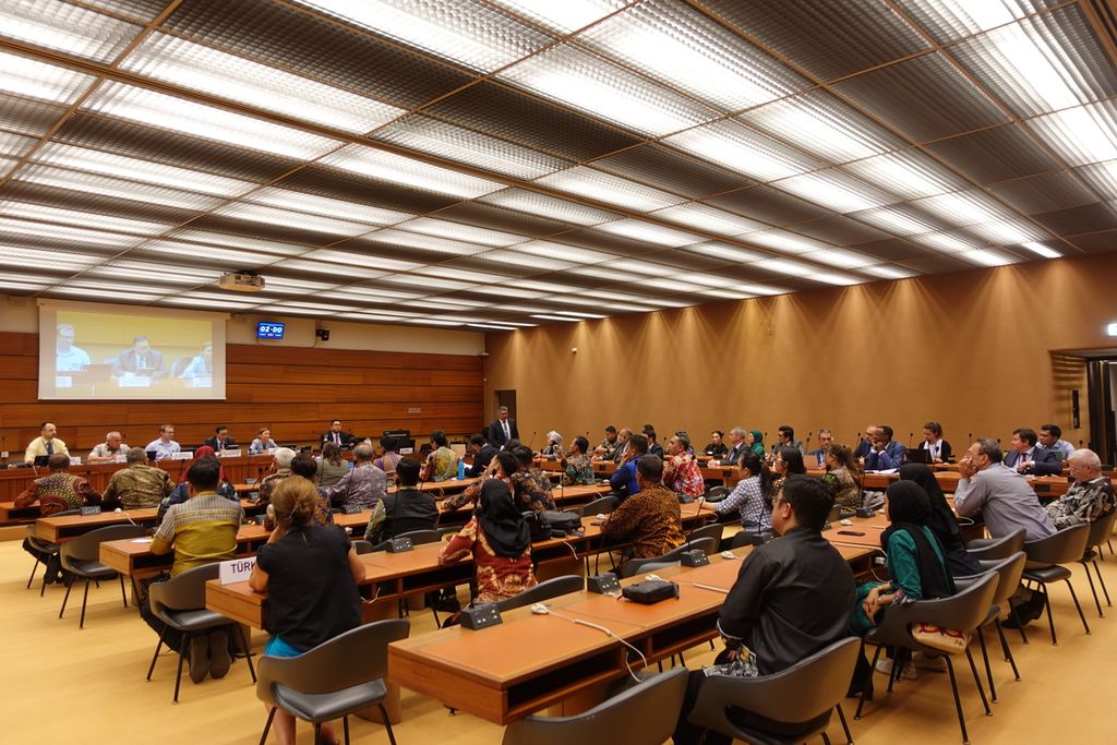 Seminar pendanaan perubahan iklim di Kantor Perserikatan Bangsa-Bangsa di Geneva, Swiss, pada 5 September 2023. Seminar itu salah satu kontribusi Indonesia dalam mencari solusi adil dan berkelanjutan untuk mendanai langkah-langkah mitigasi dampak perubahan iklim.