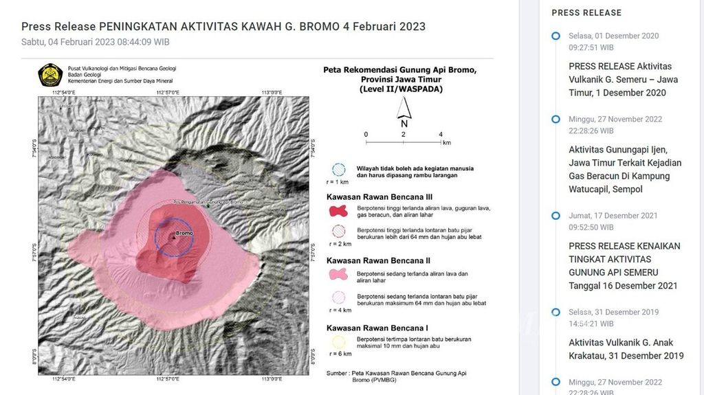 Tangkapan layar peta rekomendasi Gunung Bromo oleh Pusat Vulkanologi Mitigasi Bencana Geologi pada 4 Februari 2023