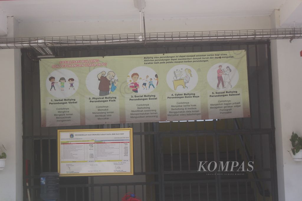 Sebuah spanduk antiperundungan terbentang di terali besi yang ada di SD Negeri 06 Petukangan Utara, Kecamatan Pegangsaan, Jakarta Selatan, Kamis (28/9/2023). Di sekolah ini, Selasa (26/9/2023), seorang siswi terjatuh dari lantai empat sekolah dan meninggal. Dugaan sementara karena mencoba bunuh diri setelah mengalami perundungan.