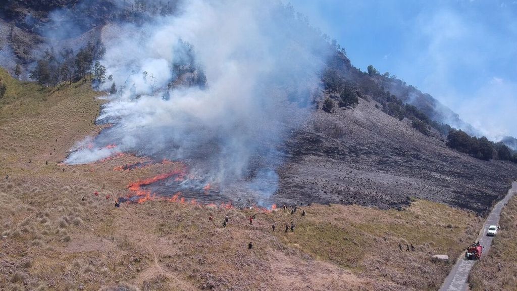Sabana yang terbakar di Taman Nasional Bromo Tengger Semeru di Jawa Timur, Rabu (30/8/2023).