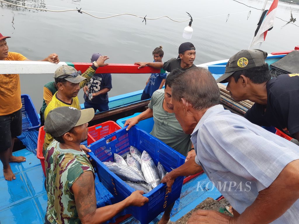 Nelayan bergotong royong memindahkan ikan dari kapal ke gudang penyimpanan di pangkalan pendaratan ikan di kawasan Pelabuhan Perikanan Pulau Baai, Bengkulu, Selasa (14/11/2023).