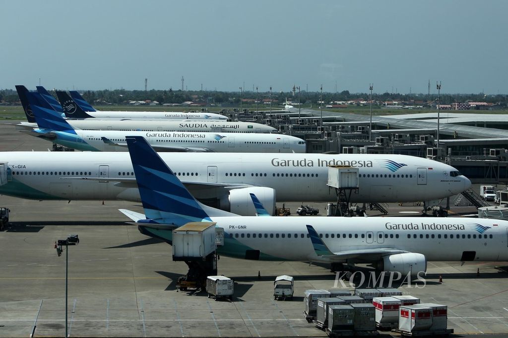 Sejumlah pesawat di Terminal 3 Bandara Soekarno-Hatta, Tangerang, Senin (2/3/2020).