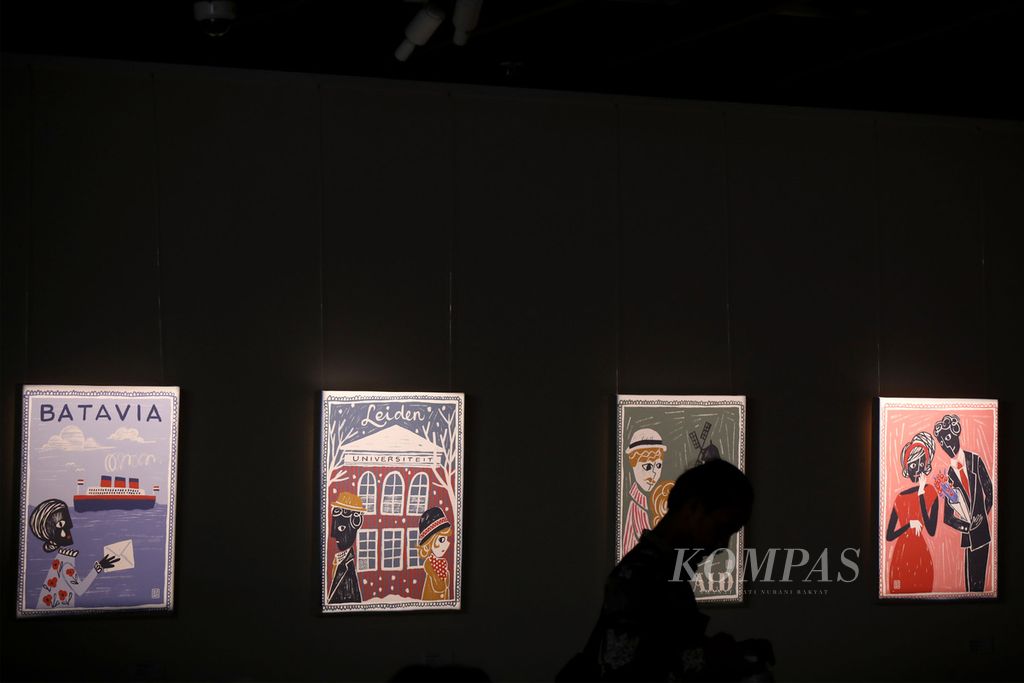 Lukisan karya Melissa Sunjaya dipamerkan dalam acara bincang novel &quot;Ragam Ni Si Mariam&quot; karya Kartini Sjahrir di Bentara Budaya Jakarta, Jakarta, Jumat (1/3/2024). 