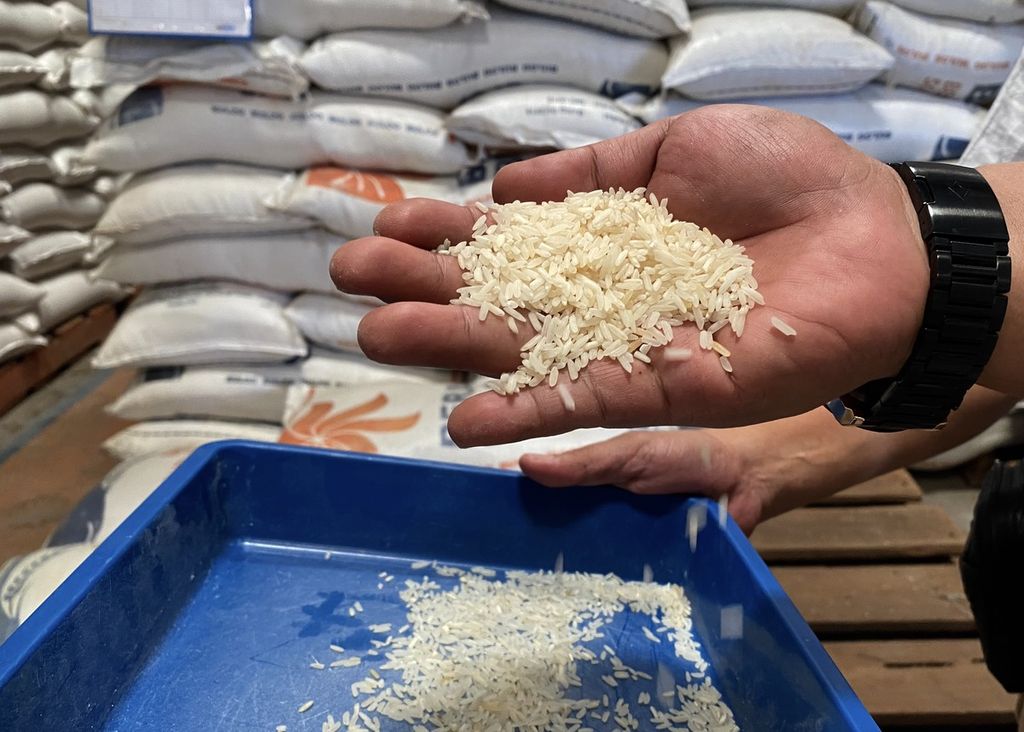 The officer shows the condition of the remaining 2018 imported rice at the Bulog Warehouse, Pekalongan Branch, Munjungagung Village, Kramat District, Tegal Regency, Central Java, Tuesday (23/3/2021).