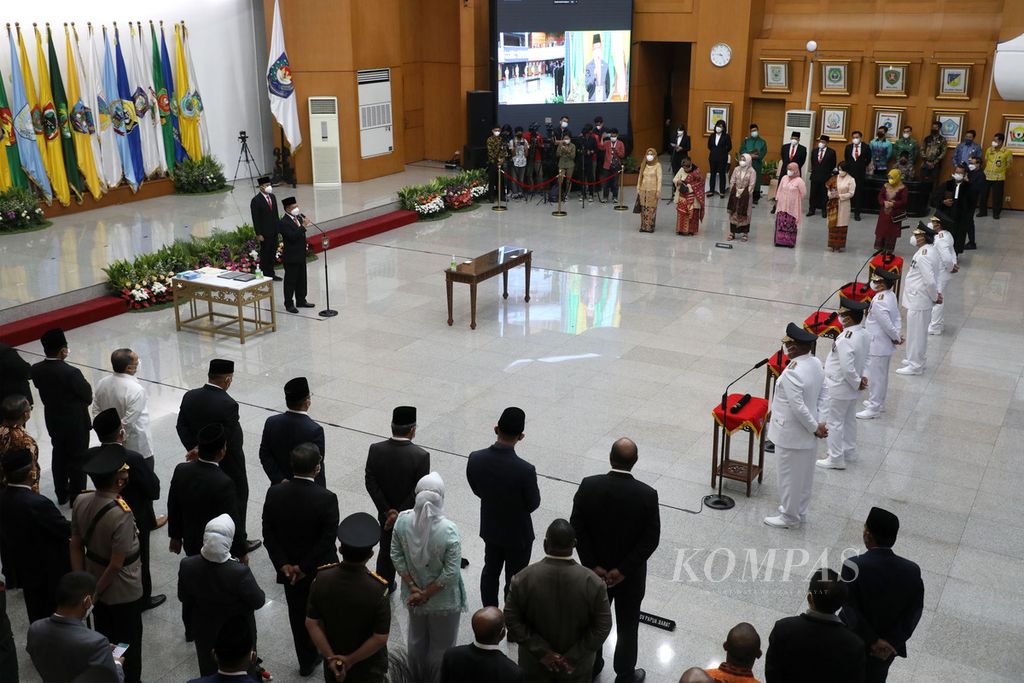 Suasana pelantikan lima penjabat gubernur oleh Menteri Dalam Negeri Tito Karnavian di Kantor Kementerian Dalam Negeri, Jakarta, Kamis (12/5/2022).