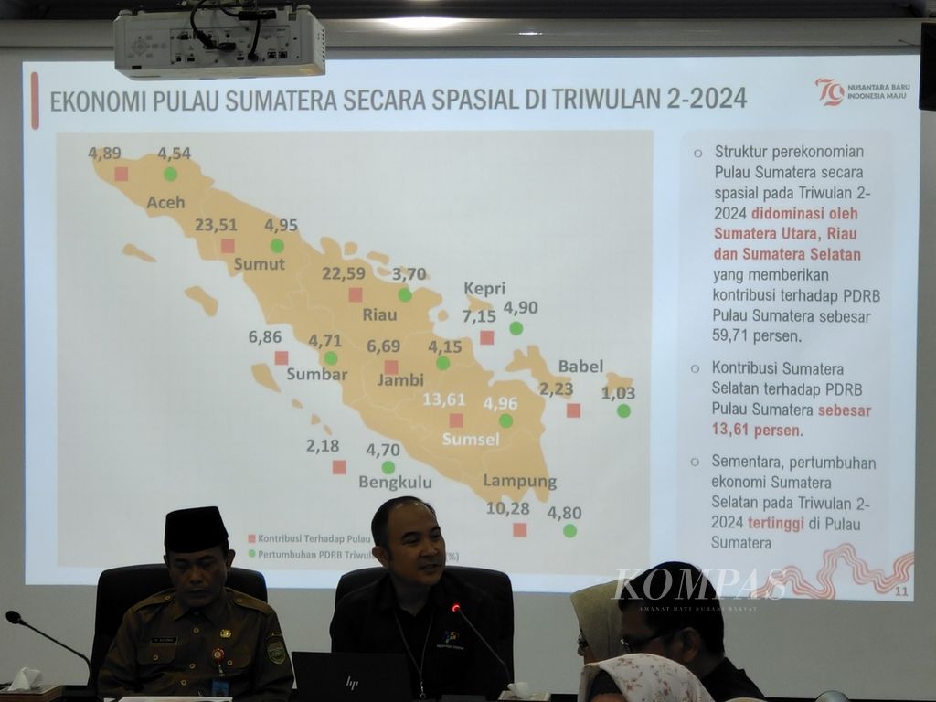 Kepala Badan Pusat Statistik Sumsel Moh Wahyu Yulianto dan Staf Ahli Gubernur Sumsel Bidang Ekonomi Keuangan dan Pembangunan Sutoko dalam rilis berita statistik di Palembang, Senin (5/8/2024).