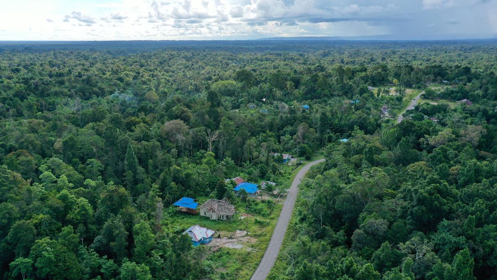  Natural forest surrounds a residential area in Konda District, South Sorong, West Papua, Wednesday (9/6/2021). The local community rejected the plan for the presence of oil palm plantations in their area..