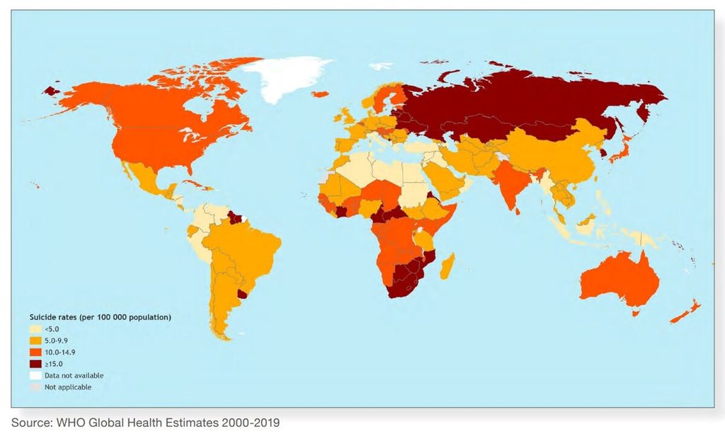 Prevalensi bunuh diri per negara sesuai data Organisasi Kesehatan Dunia (WHO) 2019. Makin gelap warna suatu negara menunjukkan makin tingginya prevalensi bunuh diri di negara tersebut.