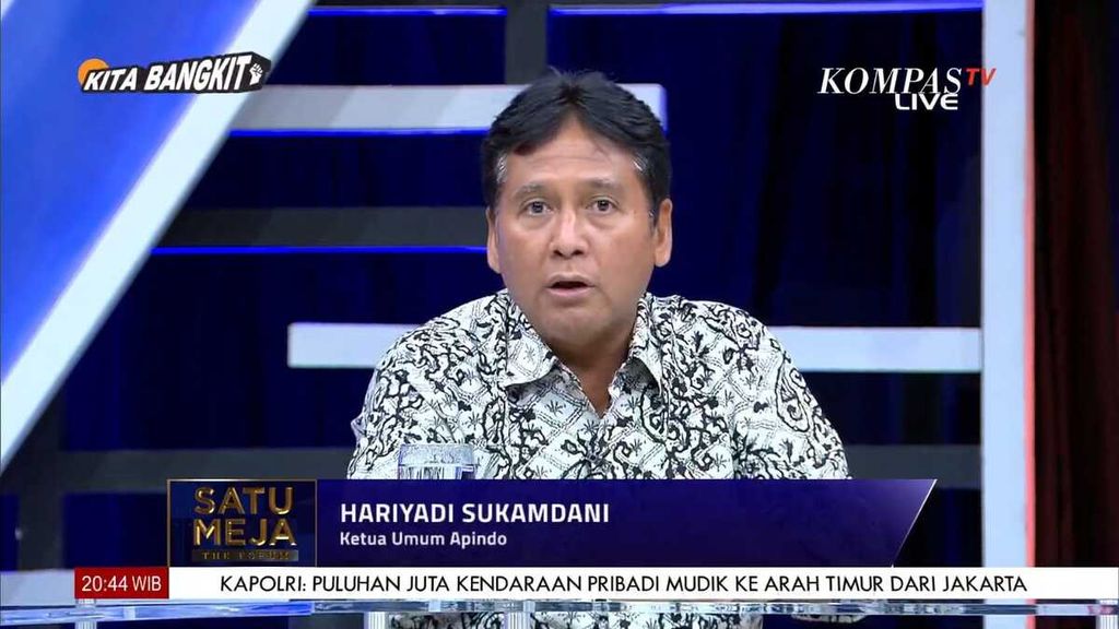 Ketua Umum Asosiasi Pengusaha Indonesia Hariyadi B Sukamdani pada acara <i>Satu Meja The Forum </i>bertajuk “Inikah Mafia Minyak Goreng?” yang disiarkan Kompas TV, Rabu (20/4/2022) malam.