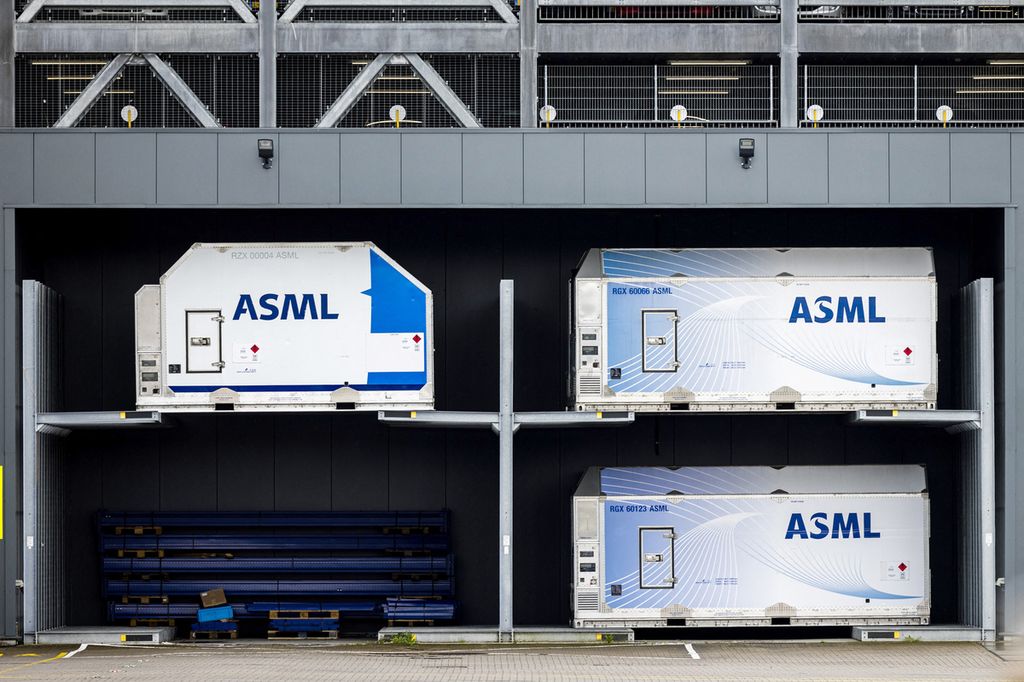 Containers for Dutch semiconductor machinery manufacturer ASML's products in Veldhoven in March 2024.