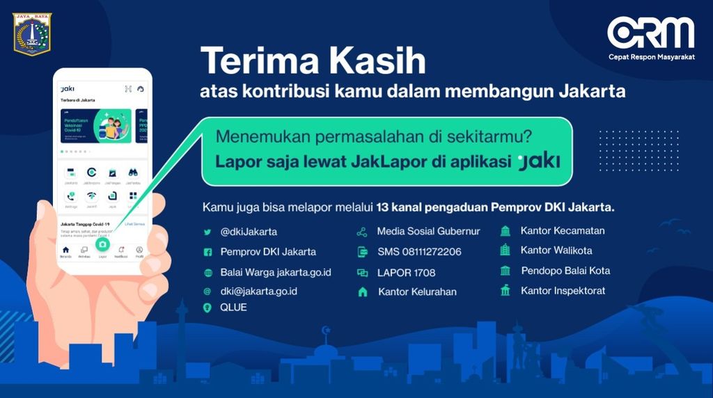 Poster kanal pengaduan masyarakat Jakarta dalam sistem Cepat Respons Masyarakat atau CRM.