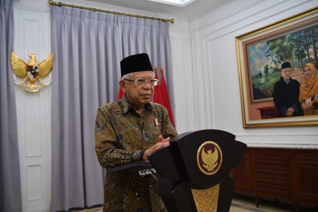 Wakil Presiden Ma’ruf Amin saat memberikan sambutan secara virtual pada peluncuran buku berjudul <i>Melangkah Maju: Inisiatif Lokal dalam Menurunkan Stunting di Indonesia</i>, Selasa (31/5/2022).