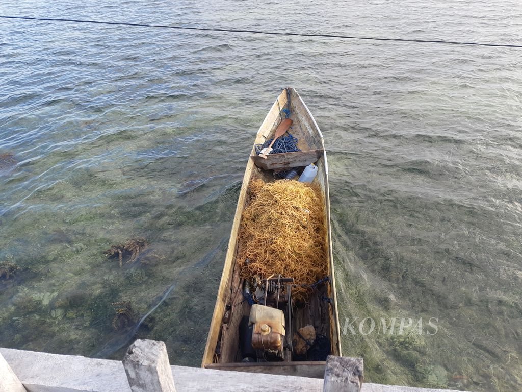 Perahu pengangkut rumput laut melewati kolong jembatan di Pulau Osi, Kabupaten Seram Bagian Barat, Maluku, Senin (4/9/2023). Budidaya rumput laut merupakan salah satu mata pencarian masyarakat setempat. Selain itu, perikanan tangkap dan keramba jaringan apung.