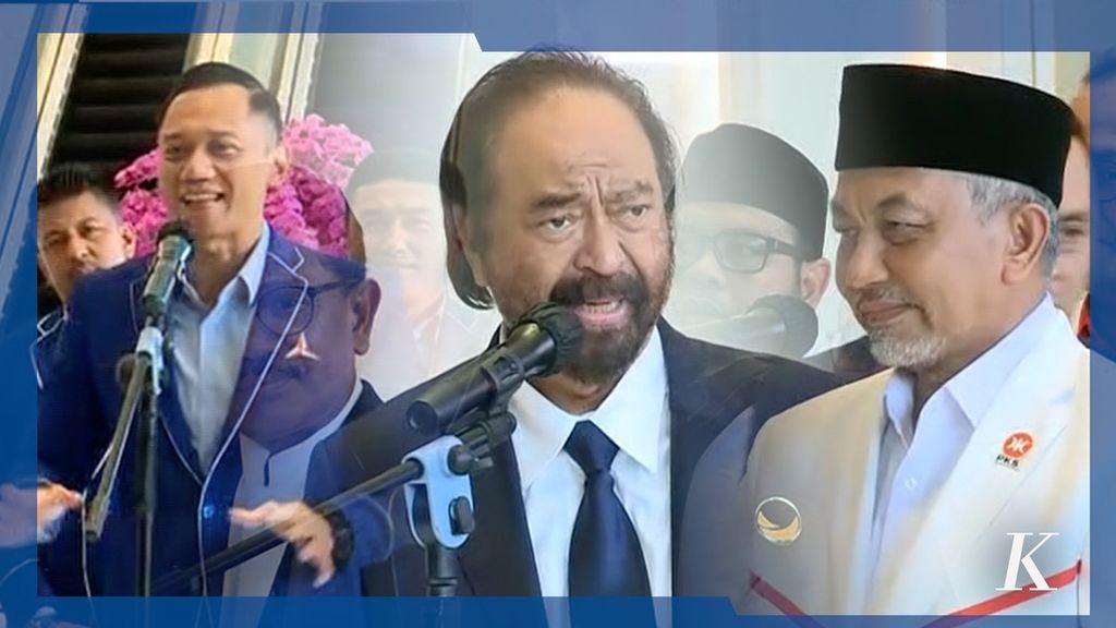 Foto gabungan memperlihatkan Ketua Umum Partai Demokrat Agus Harimurti Yodhoyono, Ketua Umum Partai Nasdem Surya Paloh, serta Presiden PKS Ahmad Syaikhu. 