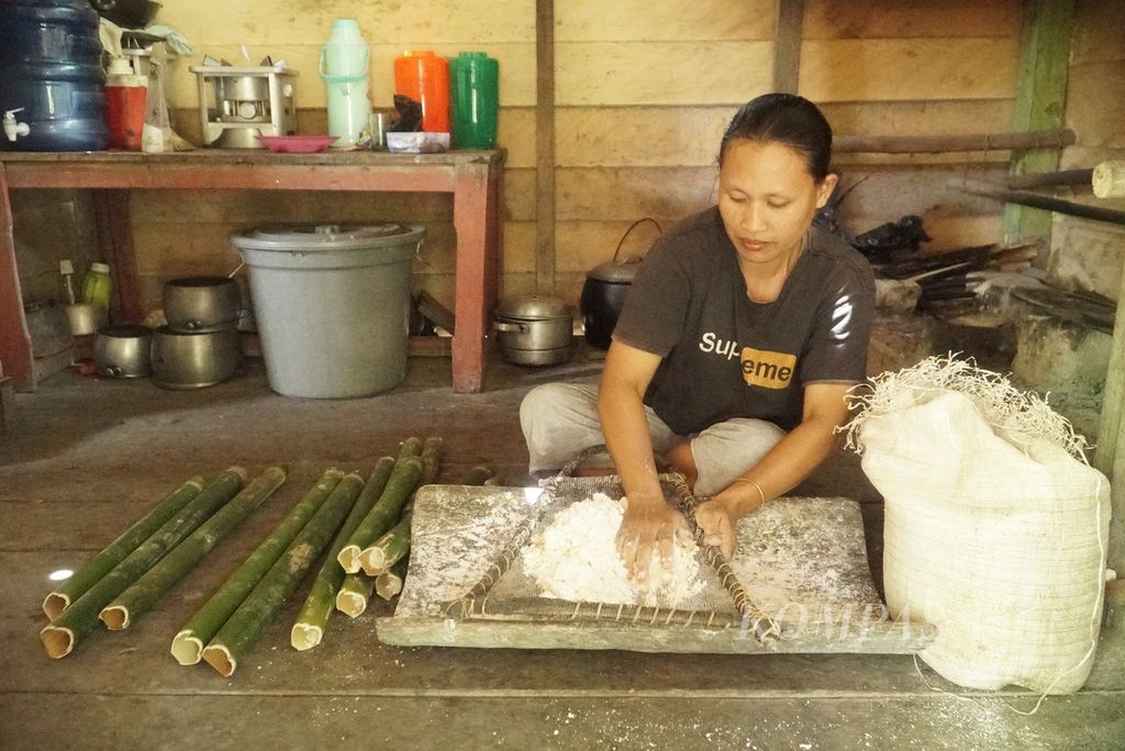 Warga menggemburkan pati sagu untuk membuat sagu bakar bambu atau "sagu kaobuk" di pedalaman Pulau Siberut di Dusun Bekkeiluk, Desa Muntei, Kecamatan Siberut Selatan, Kepulauan Mentawai, Sumatera Barat, Minggu (24/9/2023). Sagu, keladi, dan pisang merupakan makanan pokok masyarakat suku Mentawai di Pulau Siberut, Kepulauan Mentawai.