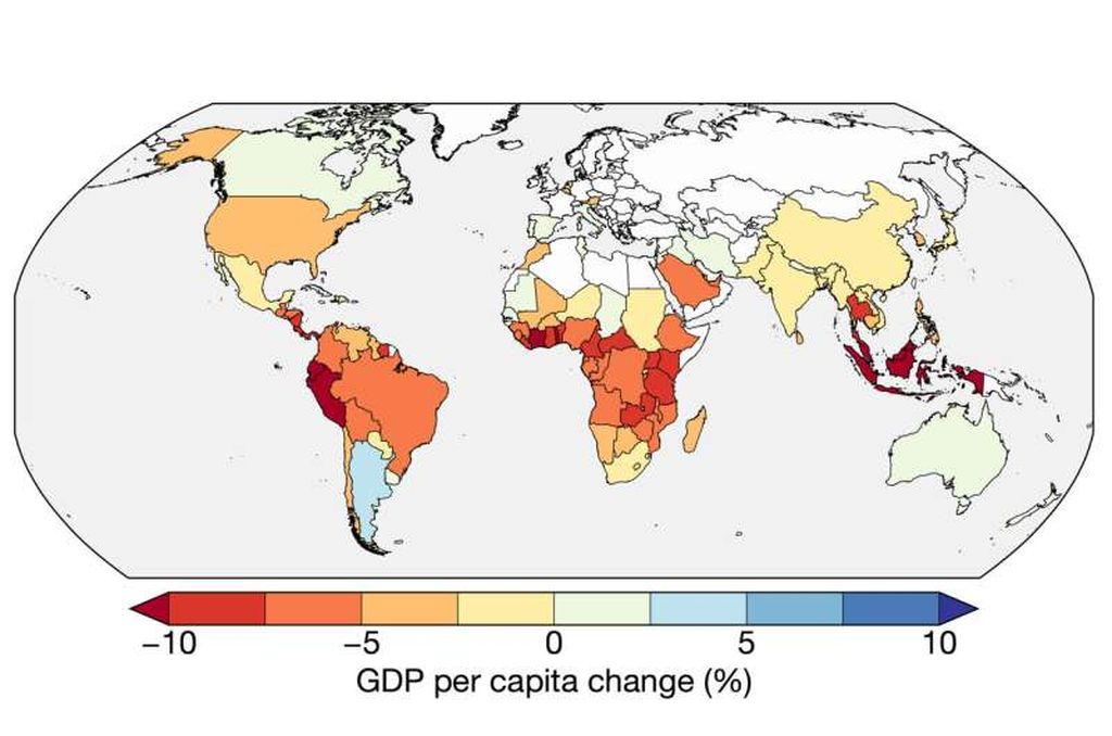 Pada tahun 2003, negara-negara tropis berpenghasilan rendah telah mengalami sisa kerugian terbesar pada produk domestik bruto (PDB) akibat El Niño 1997-1998. Skala warna menunjukkan pergeseran persentase dalam PDB sebagai akibat dari El Nino 1997-1998, dari keuntungan tertinggi (biru) ke kerugian tertinggi (merah). Kredit: Chris Callahan (Science, 2023)