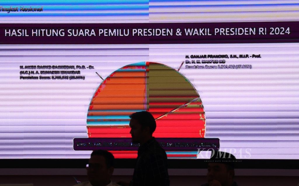 Suasana di pusat pemantauan pelaksanaan pemungutan dan penghitungan suara Pemilu 2024 di Komisi Pemilihan Umum, Jakarta, Kamis (15/2/2024). 