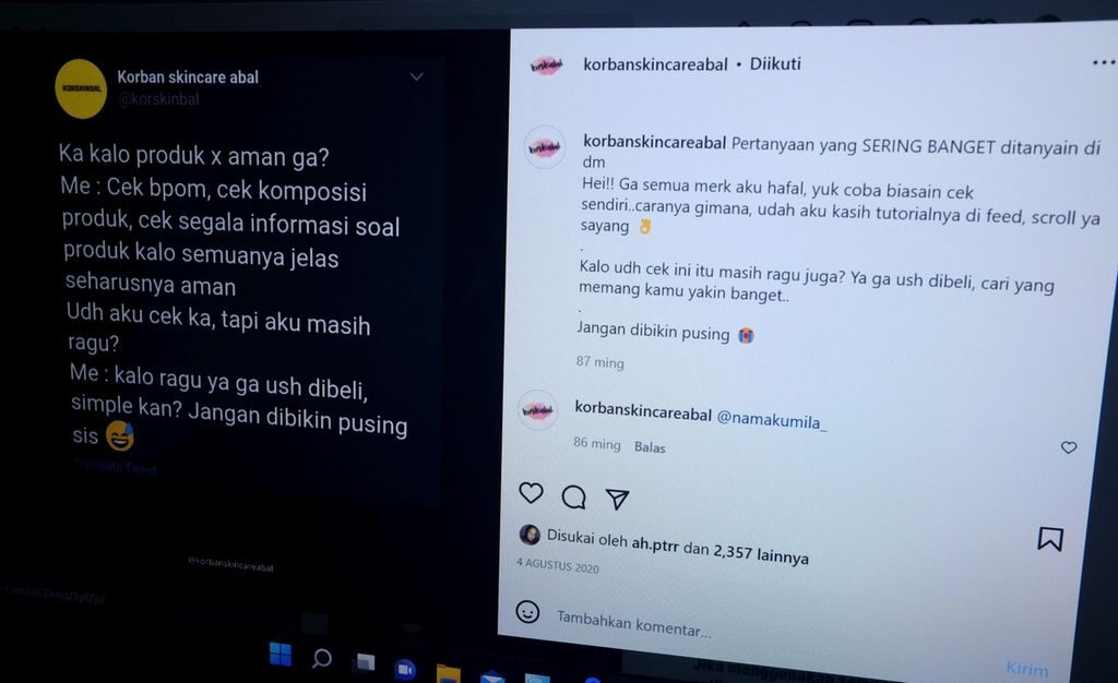 Tangkapan layar akun @Korbanskincareabal di media sosial Instagram. Akun berpengikut sekitar 50.000 pengguna ini kerap membagikan edukasi terkait produk kecantikan yang aman.