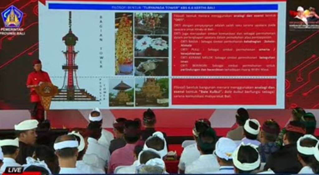Tangkapan layar dari Gubernur Bali Wayan Koster ketika memberikan sambutan dalam acara pencanangan pembangunan Taman Teknologi Turyapada Tower di Desa Pegayaman, Buleleng, Sabtu (23/7/2022).