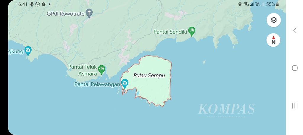 Tangkapan layar peta Cagar Alam Pulau Sempu di Kabupaten Malang, Jawa Timur.
