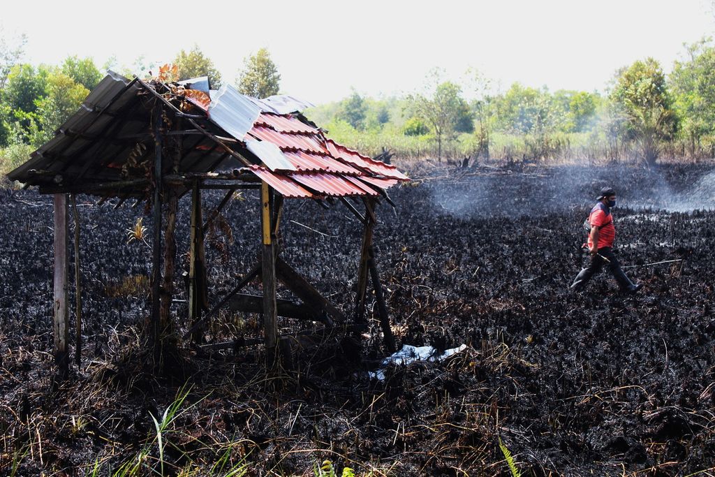 Tanah kapling perumahan di Jalan Kalibata, Kota Palangkaraya, Kalimantan Tengah, Senin (14/8/2023), hangus terbakar. Karhutla di Kota Palangkaraya sudah menghanguskan puluhan hektar lahan.