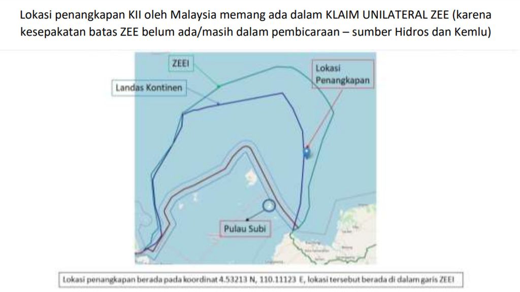 Pemetaan lokasi penangkapan kapal ikan Indonesia oleh penjaga laut Malaysia di perairan timur laut Pulau Subi, Kabupaten Natuna, Kepulauan Riau.