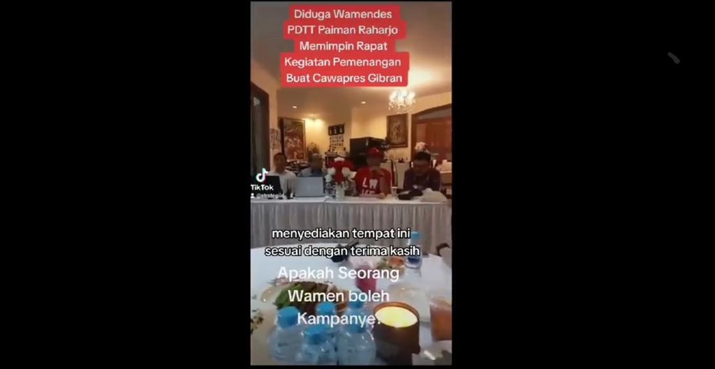Wakil Menteri Desa, Pembangunan Daerah Tertinggal, dan Transmigrasi Paiman Raharjo diduga mengumpulkan sejumlah orang untuk mendukung pasangan calon presiden Prabowo-Gibran. Video tersebut beredar di media sosial.