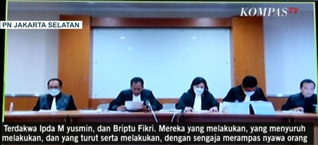Sidang virtual kasus pembunuhan di luar hukum terhadap Laskar Front Pembela Islam atau FPI di Pengadilan Negeri Jakarta Selatan, Jumat (18/3/2022).