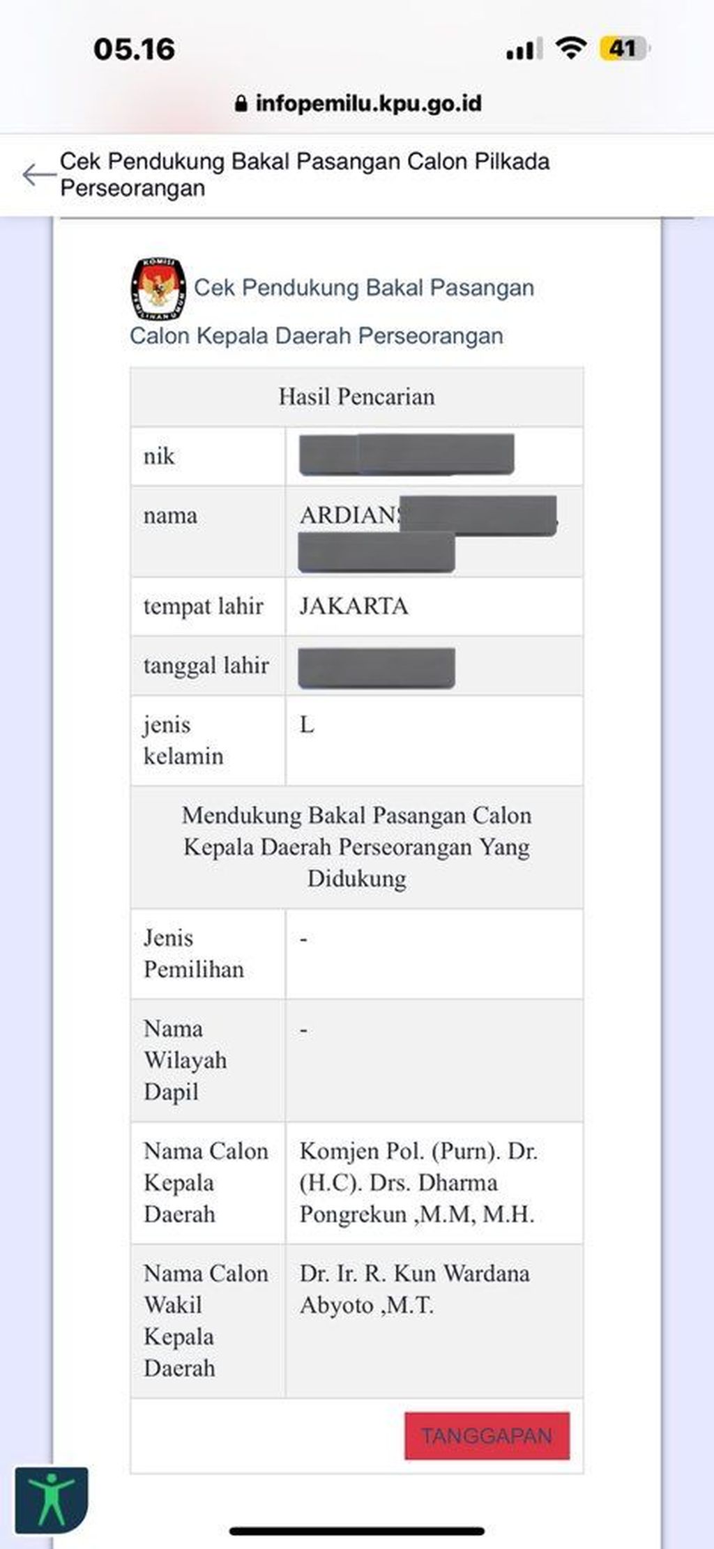 Bukti pencatutan dukungan salah satu warga, Ardian, yang tercantum sebagai pendukung bakal calon gubernur dan wakil gubernur Dharma Pongrekun-Kun Wardana.