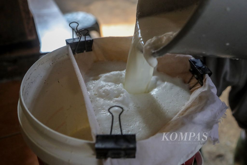 The cow's milk that has been milked is filtered before being sold at one of the dairy farms in Pengadegan Utara, Pancoran, South Jakarta, on Friday (21/7/2023). In the Pancoran area of South Jakarta, there are dozens of dairy farmers located in the midst of residential areas, including the Fathurrahman Dairy Cattle. He has eight dairy cows, which can produce around 50 liters of milk per day. The milk is sold at a price of IDR 15,000 per liter.