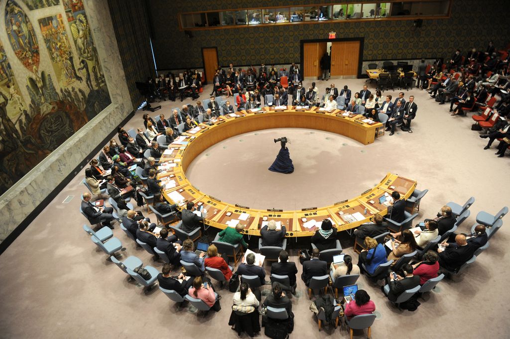 Pertemuan tingkat menteri di Dewan Keamanan PBB membahas soal keamanan dan perdamaian internasional, konflik, serta keamanan pangan di Markas Besar PBB di New York, Amerika Serikat, Kamis (19/5/2022). 