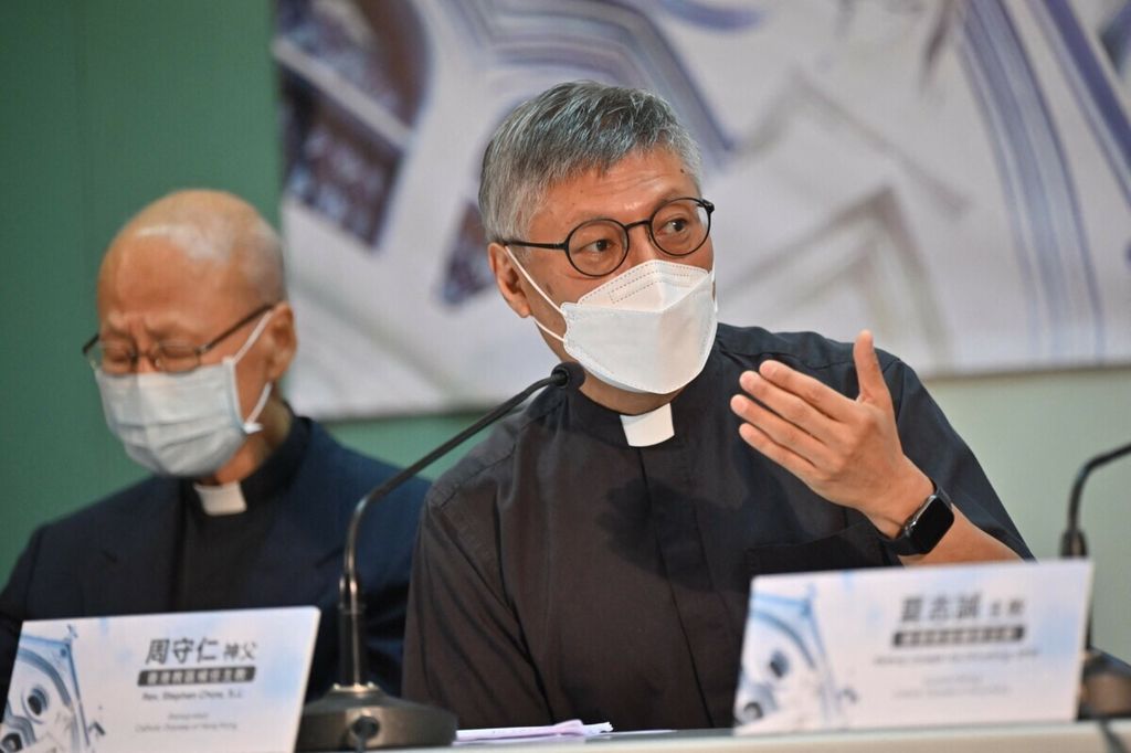 The newly appointed Bishop of Hong Kong, Stephen Chow (right), spoke at a press conference with Cardinal John Tong (left) in Hong Kong on May 18, 2021.