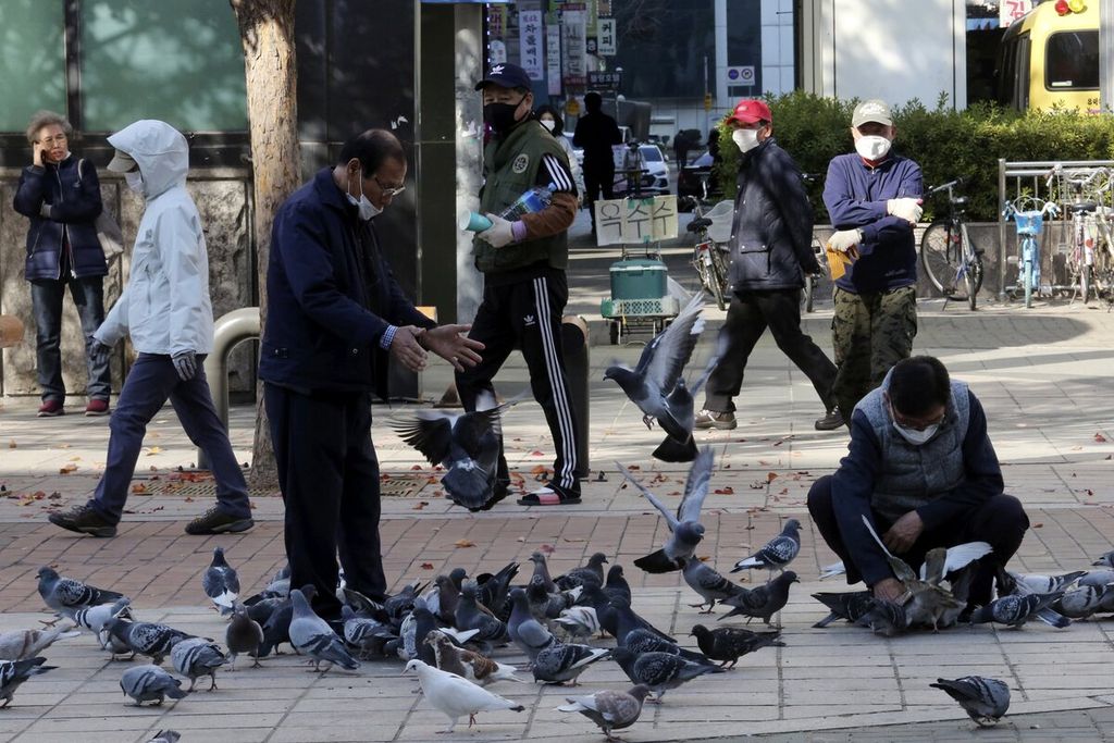 Warga memberikan makan burung merpati yang berada di jalanan di Goyang, utara Seoul, Korea Selatan, beberapa waltu lalu.